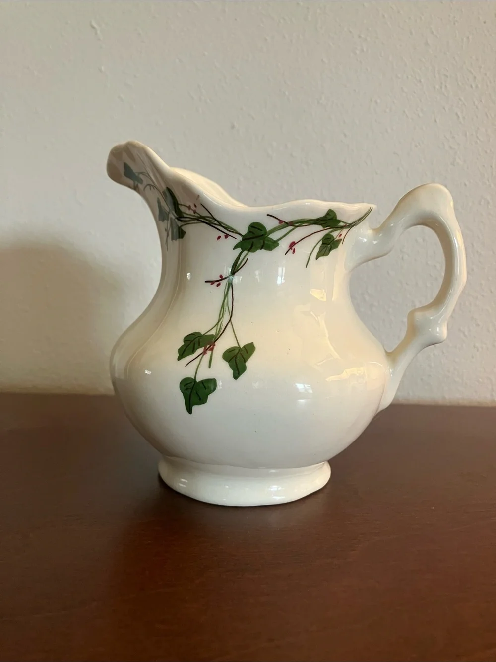 White Ceramic Creamer with Green Vine Motif
